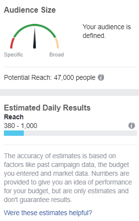Facebook lets you know whether or not your ad audience size is too narrow or broad