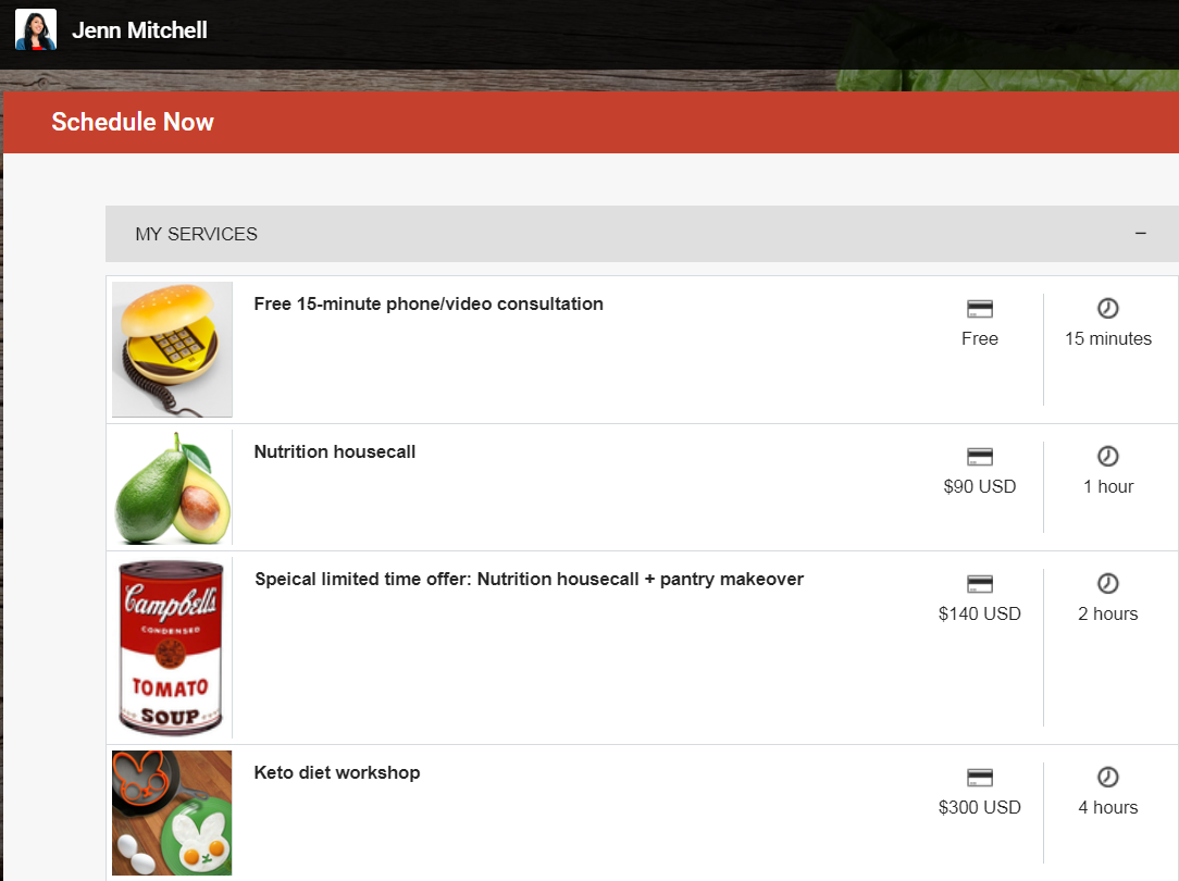 Display your services on your website and invite clients to book online
