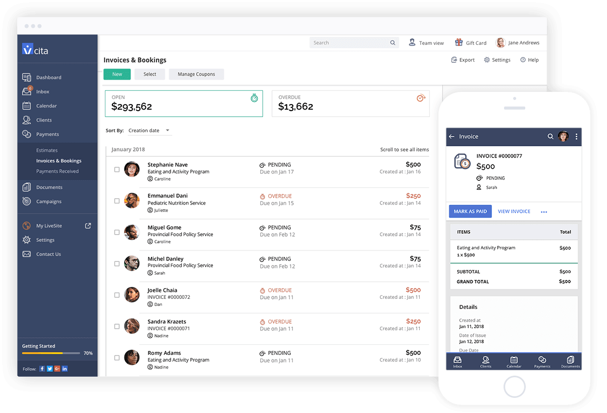 vcita's invoice apps tracks payment activity on your behalf