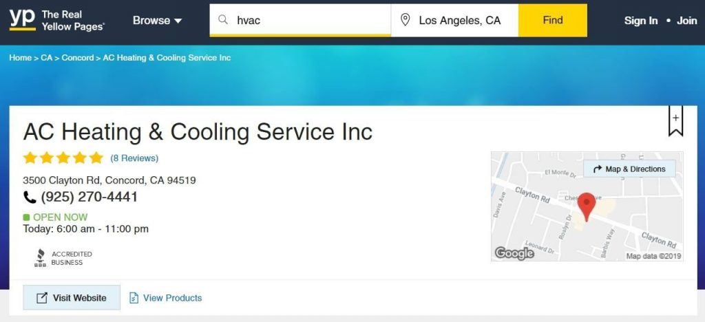 Yellow Pages business directory listing